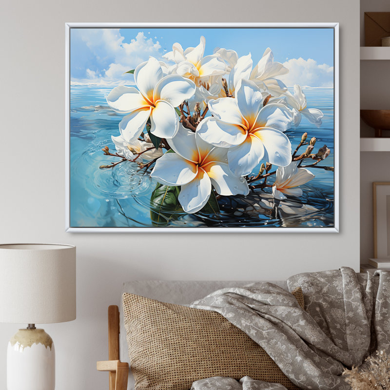 Golden Plumeria Radiance Flowers II sur toile, Cadre flottant blanc, H 34 po x l 44 po x P 1,5 po