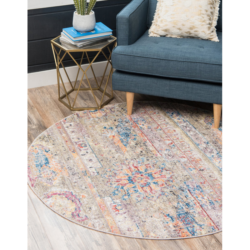 Tapis vert clair / beige de style sud-ouest Leanora, Rond 3 pi 3 po