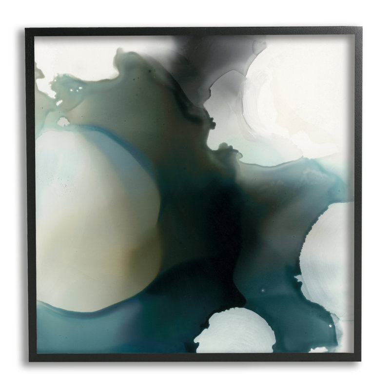 Encre, taches, gris foncé, bleu, formes déformées - Peinture, Giclée encadrée noir minuit, H 17 po x l 17 po x P 1,5 po