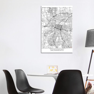 Sacramento Minimal Urban Blueprint Map 1 Piece Wrapped Canvas Wall Art