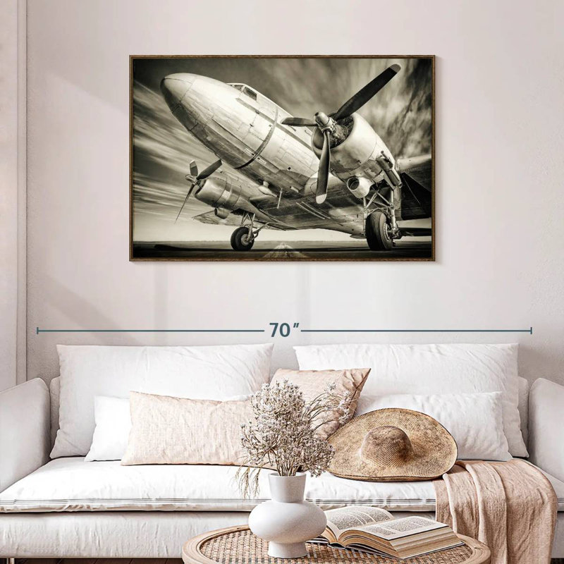Avion rétro monochrome, Cadre flottant noyer, 43 po x 29 po