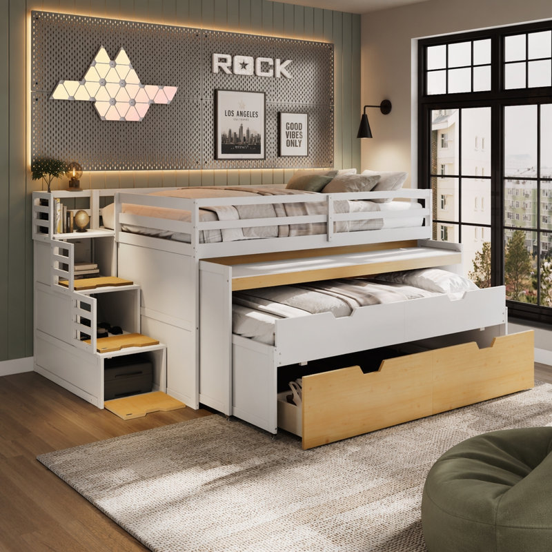Lit mezzanine avec bureau coulissant, lit gigogne et marches de rangement, Full XL, White