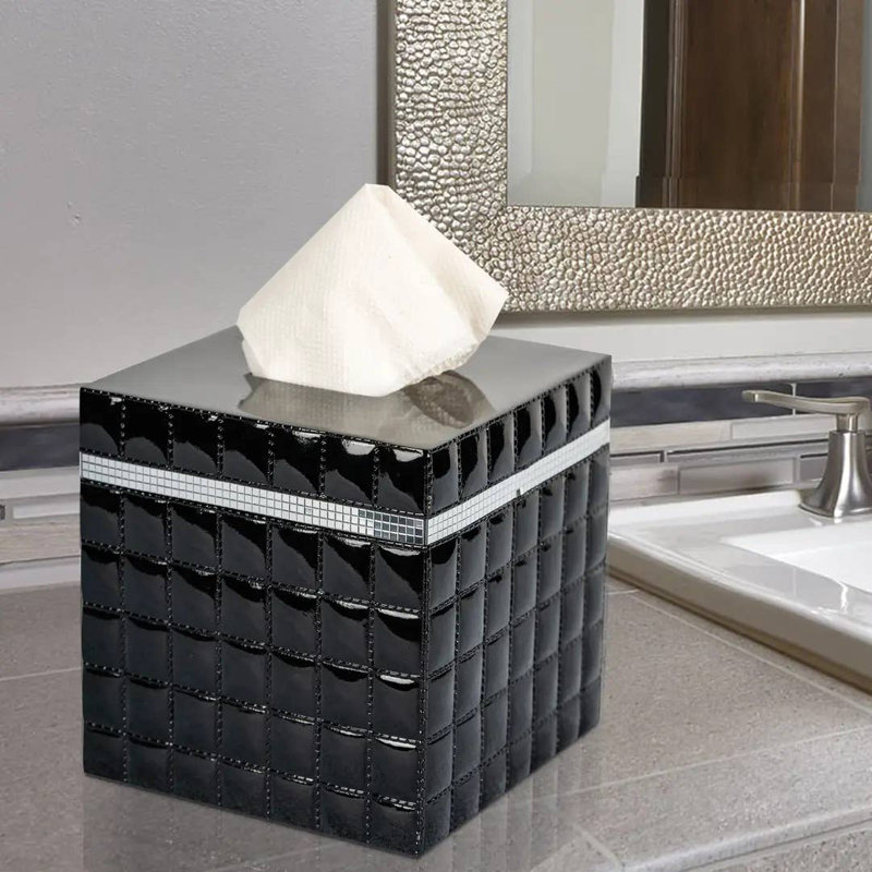 Housse pour boîte à mouchoirs Oneita | Porte-boîte à mouchoirs carré en résine | Noir, Noir / argenté