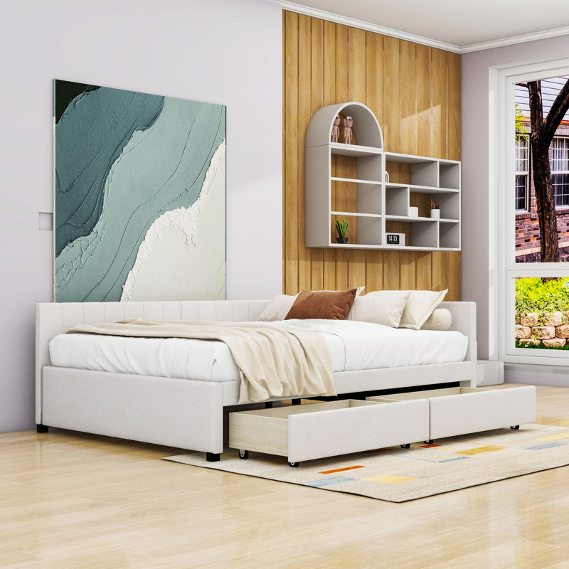 Full Upholstered Sofa Daybed with Drawers, Beige
