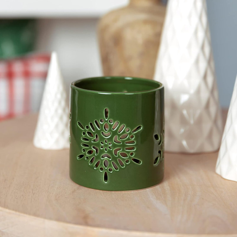 Farmhouse Christmas Green Ceramic Votive Candle Holder - Cutout Design with a Glossy Finish
