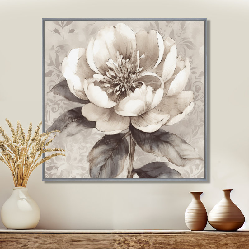 Pivoines grises sur une branche I - pivoines, art mural, H 16 po x l 16 po x P 1 po, Encadrement argenté