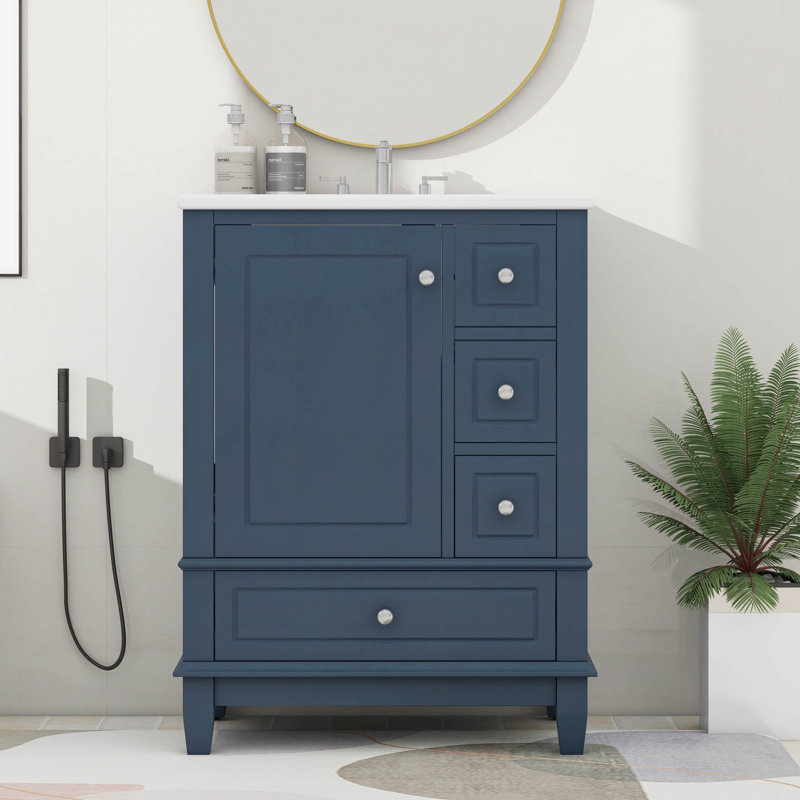 Meuble-lavabo 24 po avec lavabo et tiroirs, plateau en céramique et tablettes de rangement, Bleu gris
