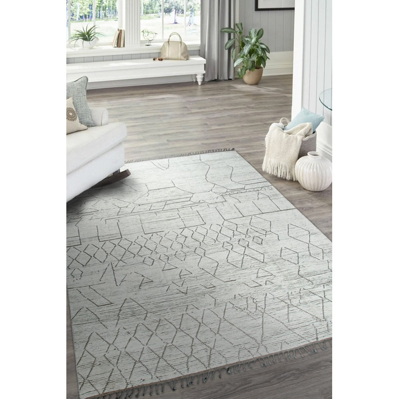 9x12 Ivory Hand-Knotted Wool Linear Diamond Grid Tribal Modern Contemporary Carpet Rug