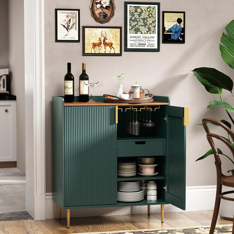 Coffee Bar Cabinet with Wine Racks, Green Liquor Cabinet with Fluted Texture, Modern Sideboard Buffet Cabinet