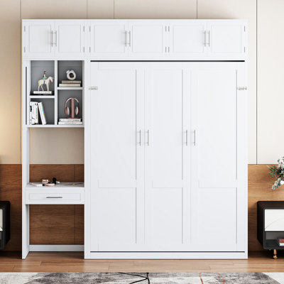 Grand lit mural blanc avec bureau et rangement intégrés, idéal pour les petits appartements, conception peu encombrante, support de matelas confortable, espaces compacts en contreplaqué, matériaux