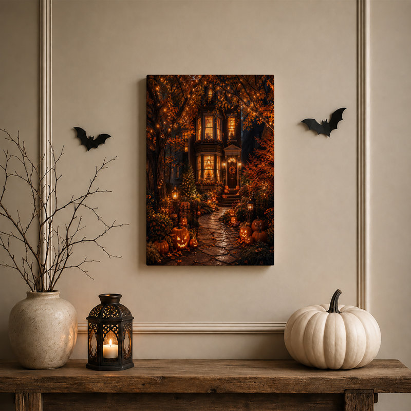 «Lit House with Glowing Jack O Lanterns And String Halloween», art mural, 24"H x 16"W