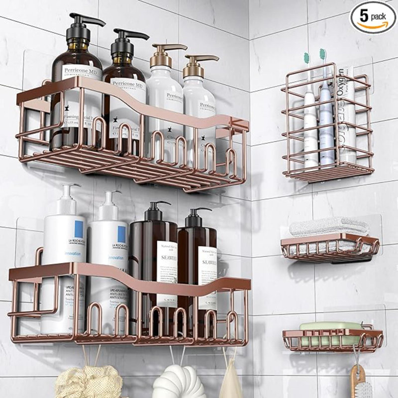 Ensemble de 5 boîtes de douche, organisateur de douche adhésif pour le rangement de la salle de bain et de la maison, cuisine sans perçage, grande capacité, organisateur de salle de bain en acier inoxydable antirouille, tablettes de douche pour la dou