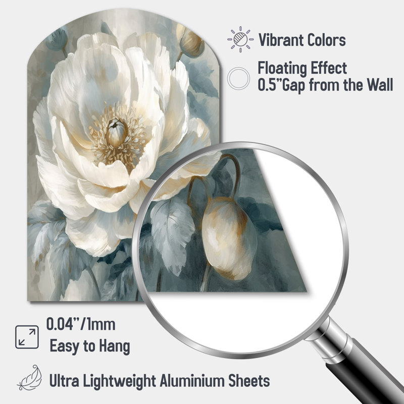Blanc blanc pivoines symphonie I - pivoines asymétriques, art mural en métal blanc, H 34 po x l 25 po