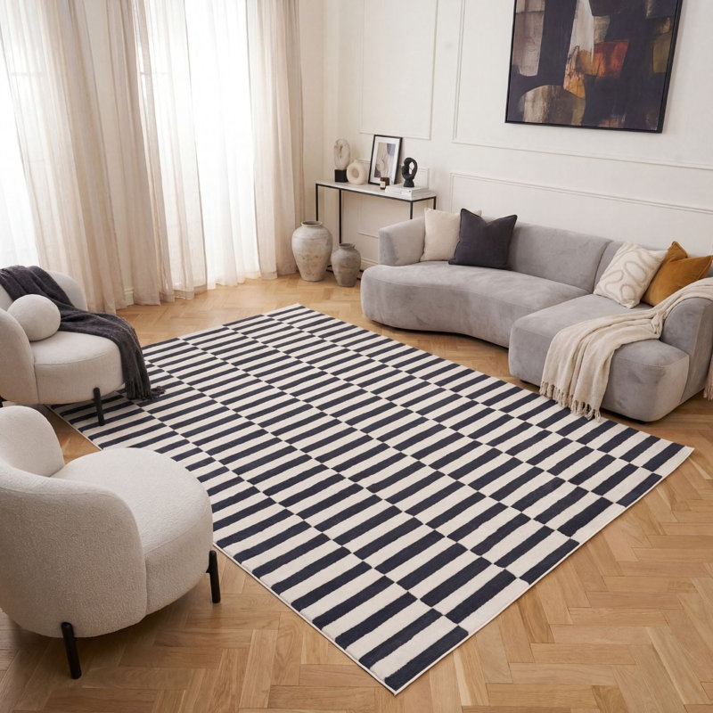 Loft Modern Striped Living Room Area Rug and Runner Soft Pile, Rectangle 240 x 340 cm, Navy/Ivory