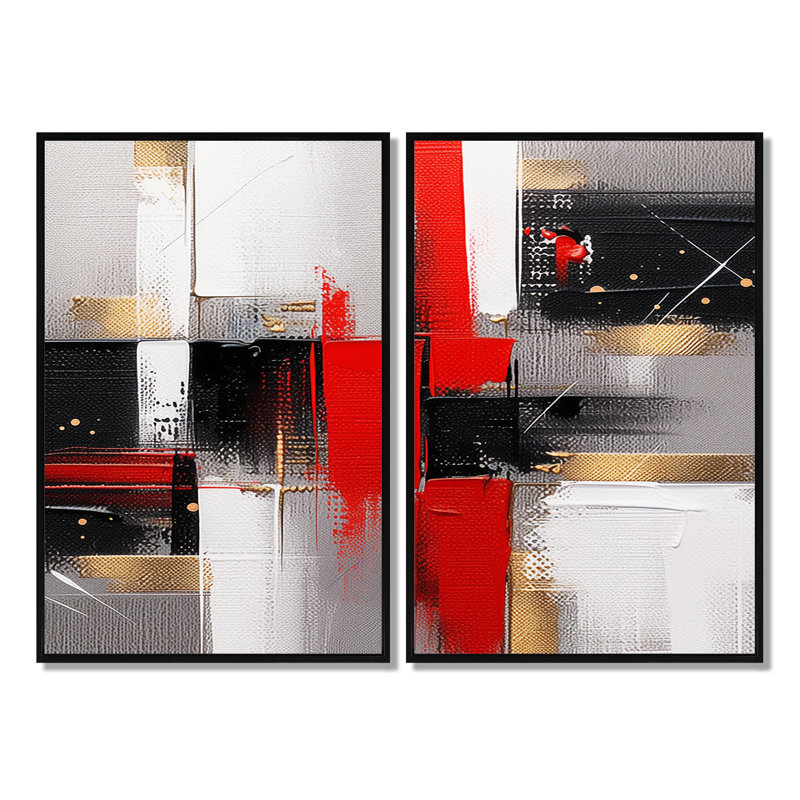 «I» - Cubisme rouge et doré, H 36 po x l 48 po, Impression encadrée flottante sans passe-partout, Noir