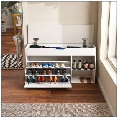 Entryway Bench with Shoe Storage, Adjustable 3-Tier Flip-Up Drawers, Hidden Cabinet, Space-Saving Organizer, Modern Design for Hallway and Living Room