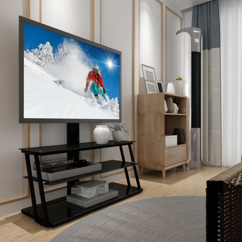 Meuble télé noir en verre trempé avec pivot et réglages de hauteur pour écrans de 32 à 65 pouces