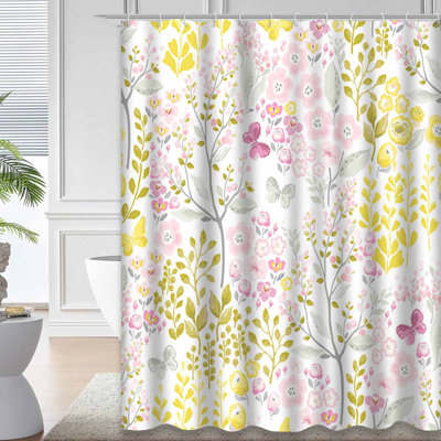 Waterproof Tender Floral Spring Bath Vintage Butterfly Shower Curtain with 12 Hooks