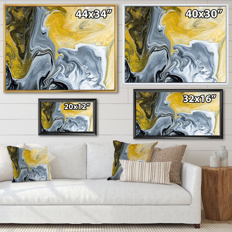 Noir noir, blanc et marbre abstrait II - peinture sur toile, H 34 po x l 44 po, Cadre flottant blanc