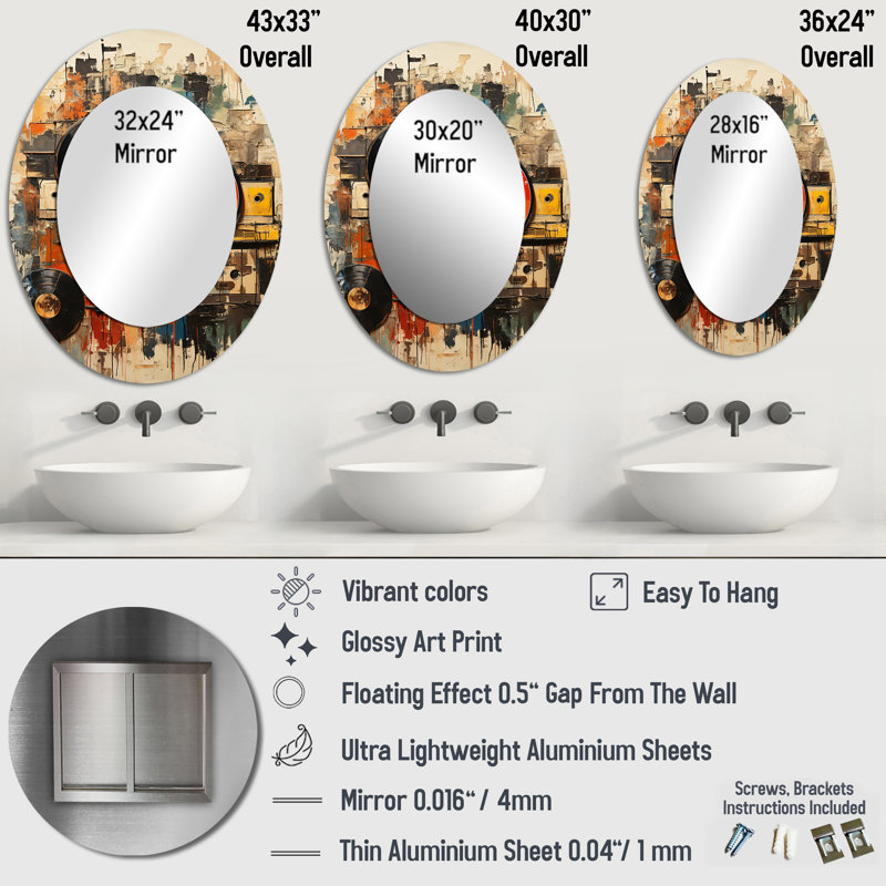 Vinyle disque vinyle rétro I - décoration murale ovale multicolore, 36 po x 24 po