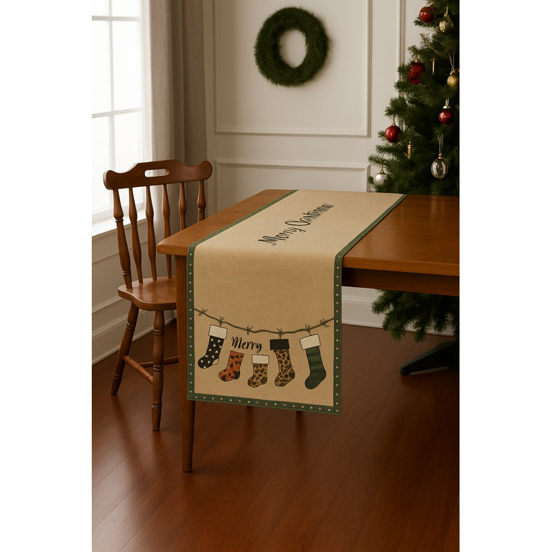 Chemin de table Happy New Year - motif de bas de Noël, aspect lin rustique, décoration de table 16 x 64 po