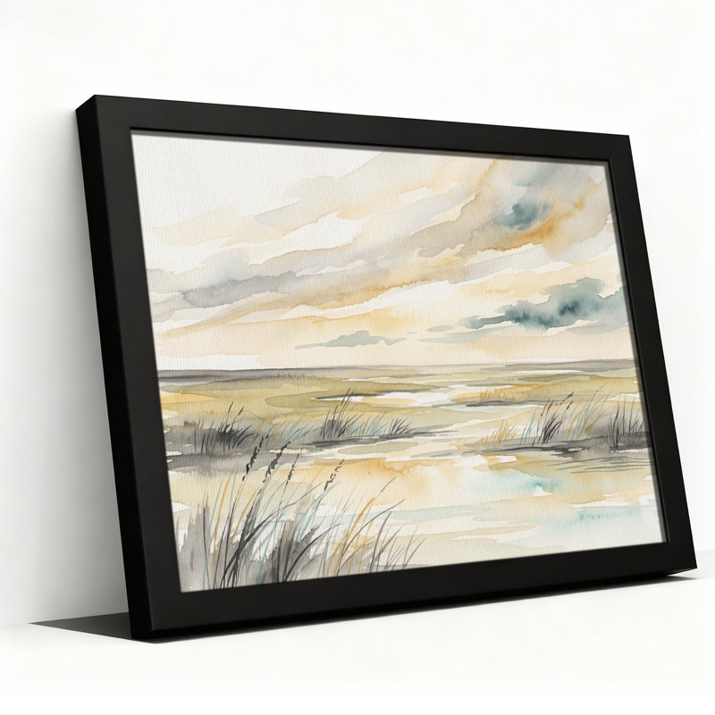 " Watercolor Marsh Landscape with Cloudy Sky " Painting, 16"H x 24"W