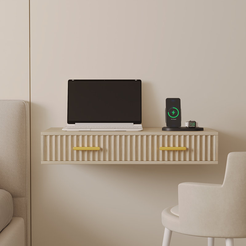 Bureau mural flottant avec 2 tiroirs, bureau d'écriture compact de 31,5 po, bureau mural cannelé moderne avec poignées dorées pour le bureau à domicile, la chambre à coucher et les petits espaces