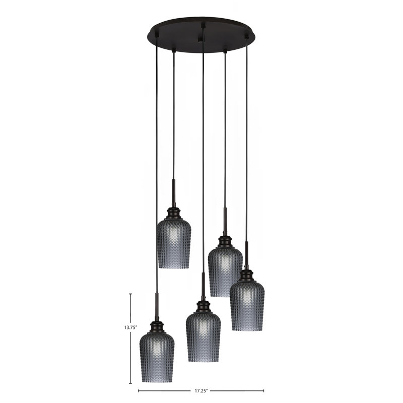 Edge 5 Light Cluster Pendalier With 5" Glass, Espresso, Smoke Textured