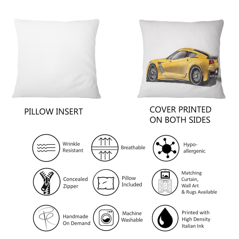 Voiture de sport jaune avec son ombre I - coussin décoratif imprimé industriel 1