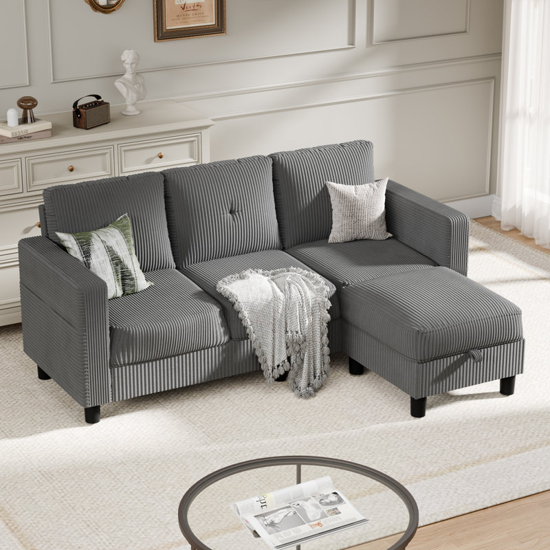  Aadvik 76.4" Upholstered Sofa Chaise, Dark Gray Corduroy