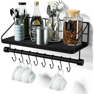Tablettes flottantes murales avec barre à serviettes et crochets - Tablette en bois rustique pour la cuisine, la salle de bain, la chambre à coucher - Rangement et décoration polyvalents