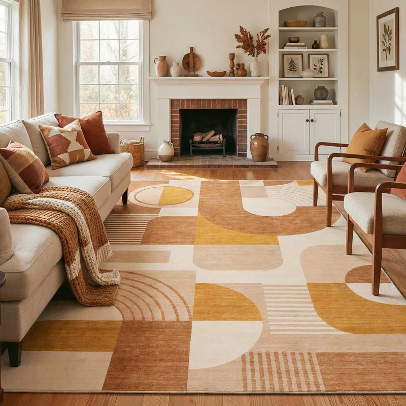 9x12 Area Rugs, Boho Washable Rugs for Living Room Bedroom Dining Room, Soft Modern Abstract Large Throw Floor Carpet Non Slip, Orange/Pink, 9'x12'