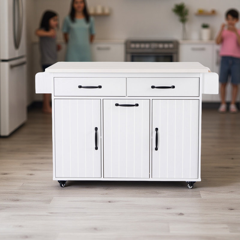 51" Kitchen Island Cart with Drop Leaf, Trash Can Storage Cabinet, Spice Rack & Wheels – Mobile or Stationary, White
