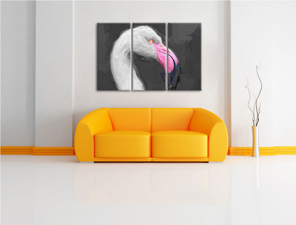 3-tlg. Leinwandbilder-Set „Bildschöner Flamingo im Seitenprofil“, Kunstdruck 