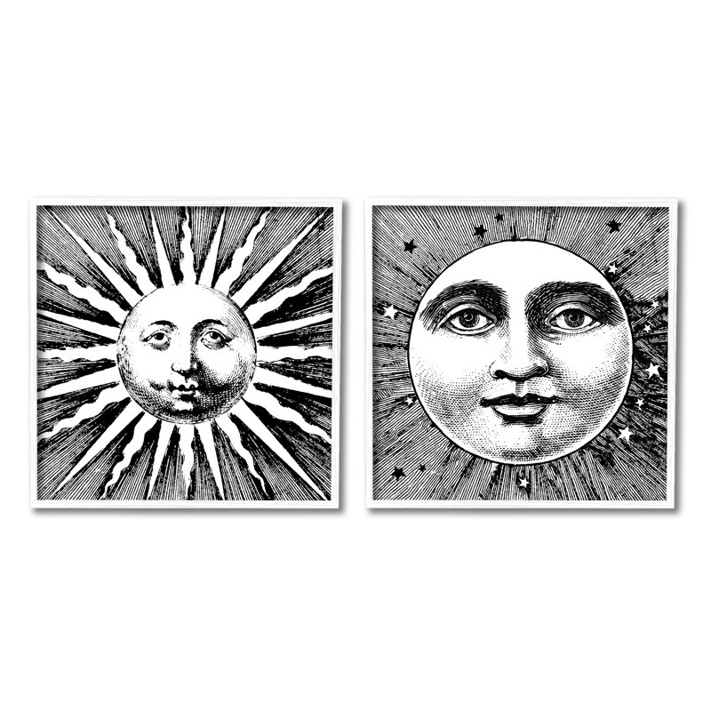 Sun and Moon faces, impression sur bois 2 pièces, H 24 po x l 48 po x P 1,5 po, Giclée encadrée blanc bord de mer