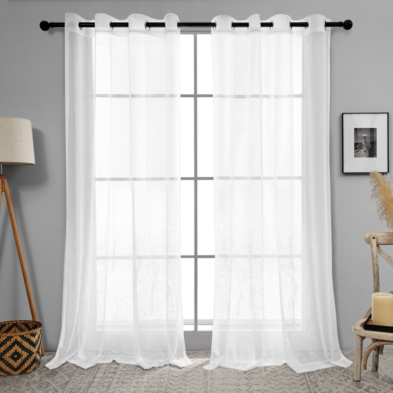 Feather Pattern Sheer Grommet Jacquard White Window Curtain Drapes (Set of 2), 45" W x 52" L