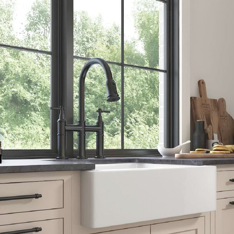 Matte Black Bridge Kitchen Faucet - Quality Materials For Long-Lasting Durability 360-Degree Rotatable Nozzle Enhanced Cleaning Effect