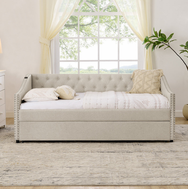 Lit de jour simple avec charge USB et lit extensible escamotable, avec bouton sur le dos et clou en cuivre sur les bras ondulés (81 po x 42 po x 30,75 po)