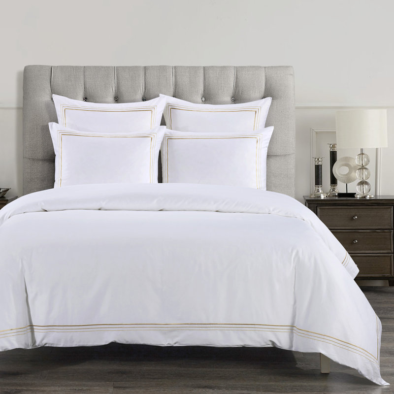Border Embroidery 100% Cotton Modern Contemporary 3 Piece Duvet Cover Set, King Duvet Cover + 2 King Shams, Light Gold