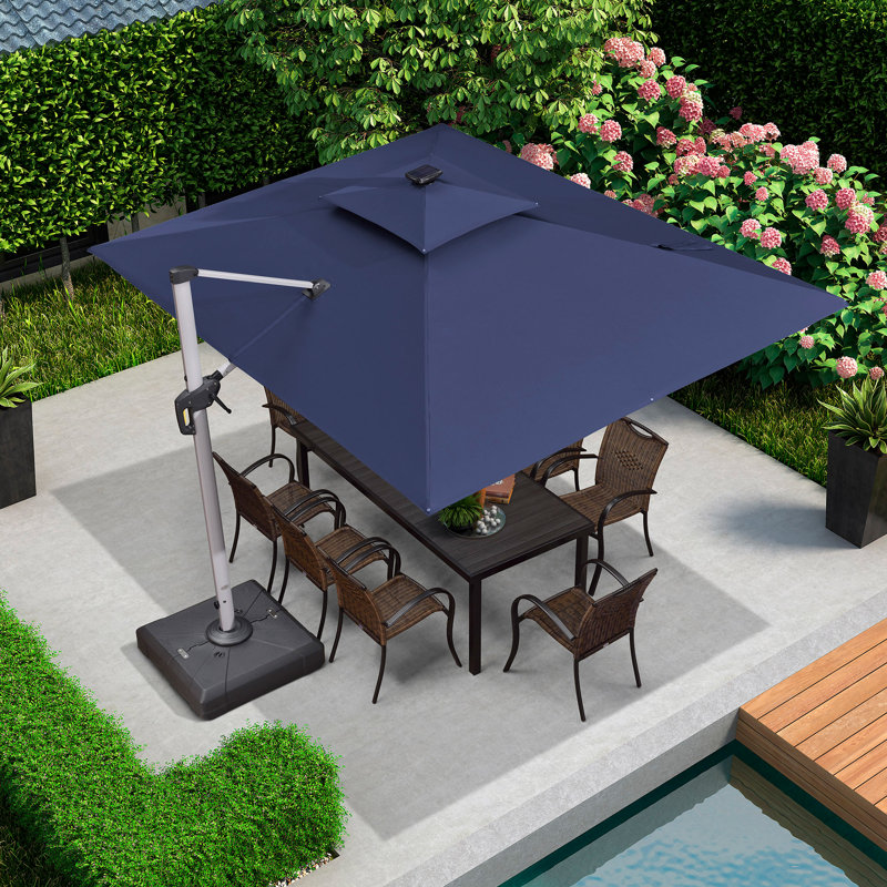 Cheverly 12' x 9' Rectangular Lighted Cantilever Umbrella With Base, Navy Blue