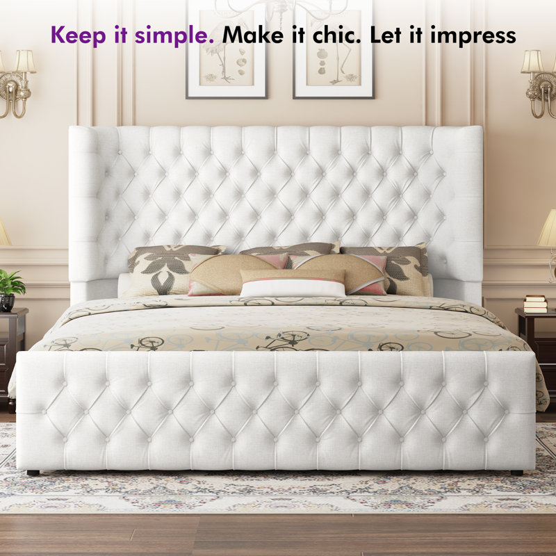 Deep Tufted Headboard Upholstered Wingback Bed, White, Queen