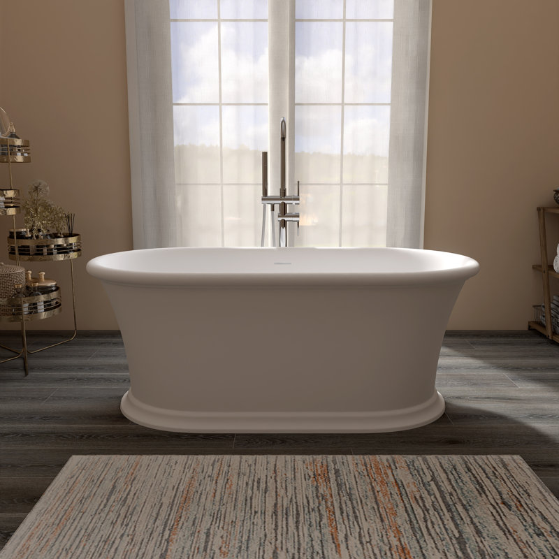 Baignoire de trempage autoportante à surface solide 61 po avec base cannelée d'inspiration romaine, résine de pierre blanche matte