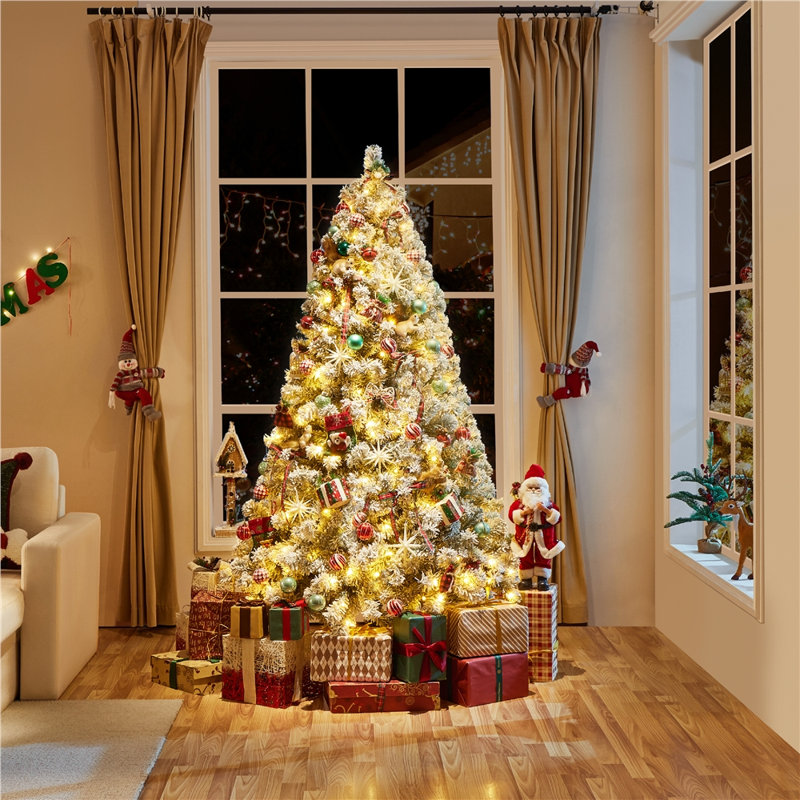 Arbre de Noël artificiel floqué pré-éclairé avec base pliable