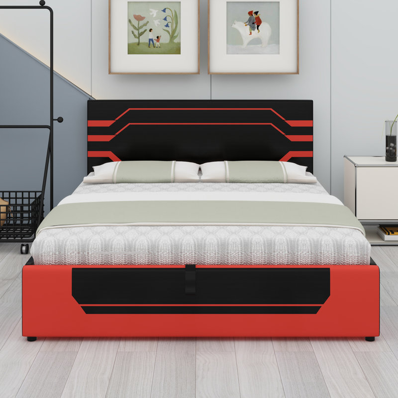 Lit plateforme moderne avec rangement à levage hydraulique et esthétique futuriste pour les jeunes, Noir et rouge