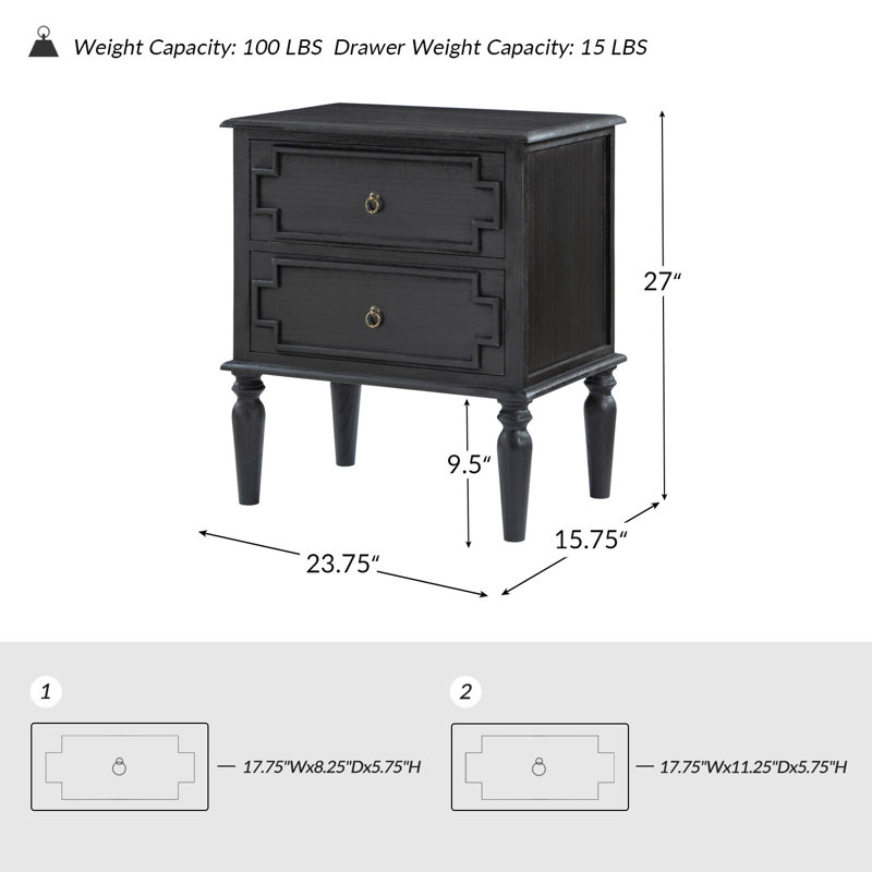 Table de chevet rectangulaire en bois massif à 2 tiroirs Timar, Gris anthracite