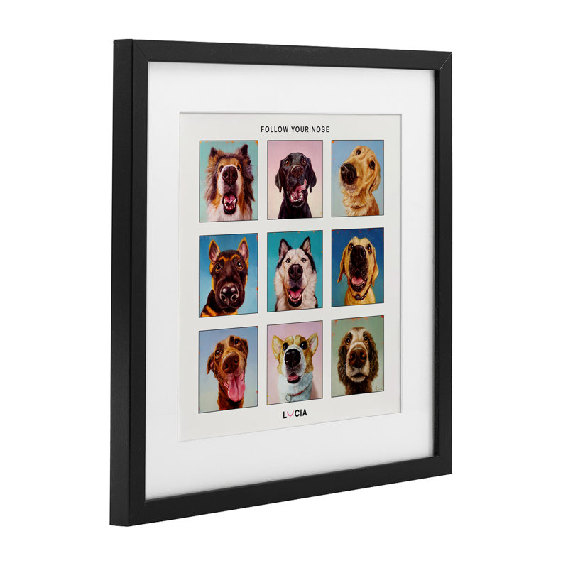 «Follow Your Nose Dogs», reproduction sous verre encadrée, design par Lucia Heffernan, H 16 po x l 16 po, Cadre noir minuit