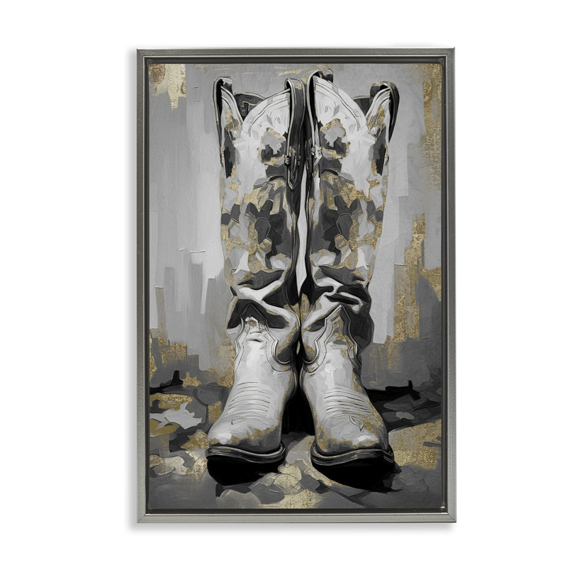 Toile flottante Glam Streaked bottes par Sasha, H 25 po x l 17 po, Cadre flottant gris lustré