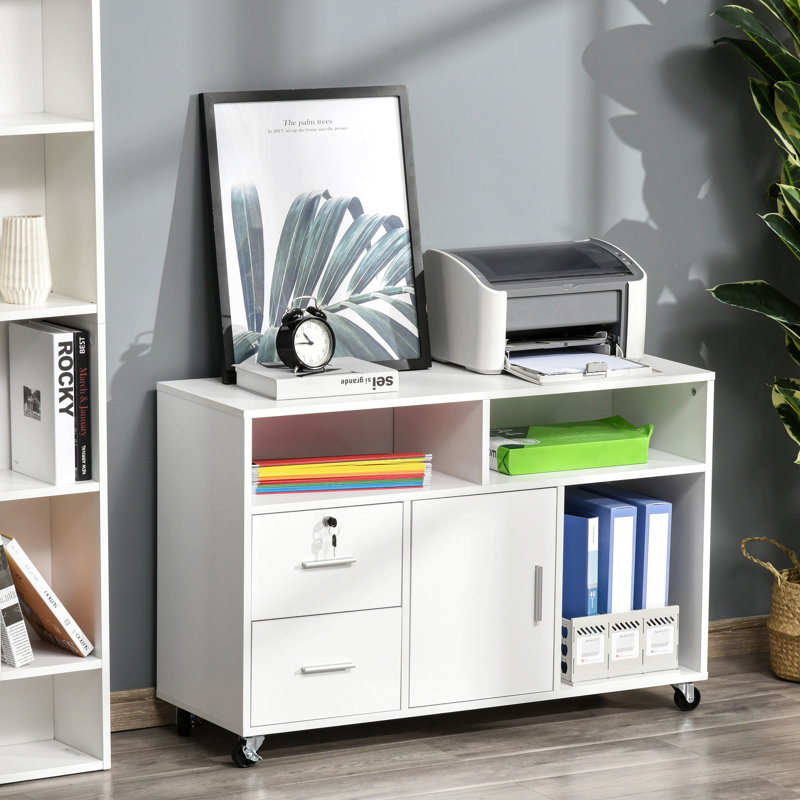 Printer Stand Home Office Mobile Cabinet Organizer Desktop With Caster Wheels, 2 Locking Breaks And Drawer, White