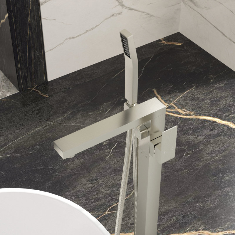 Floor Mounted Tub Filler Faucet In Brushed Nickel, Solid Copper Alloy Core, Precision Ceramic Disc Valves, 360° + 90° Spout Movement, - Splash Design Brass, Water Control Rotation, Clog Nozzle