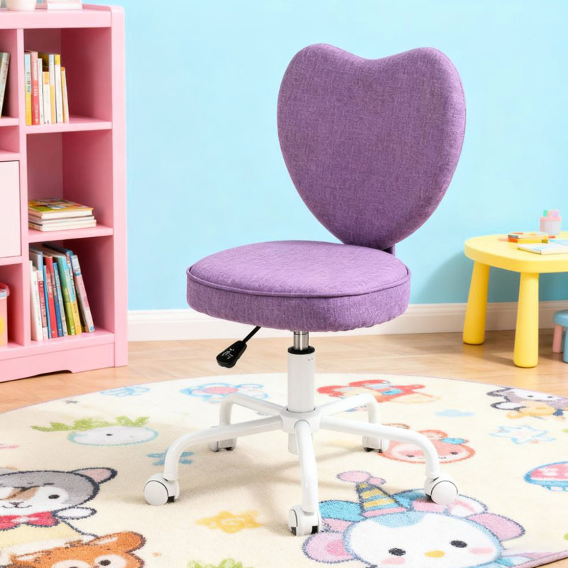 Chaise de bureau à dossier en forme de cœur mauve, réglable en hauteur, pivotante à 360 degrés, tissu en lin et mousse douce, parfaite pour le dortoir de la coiffeuse